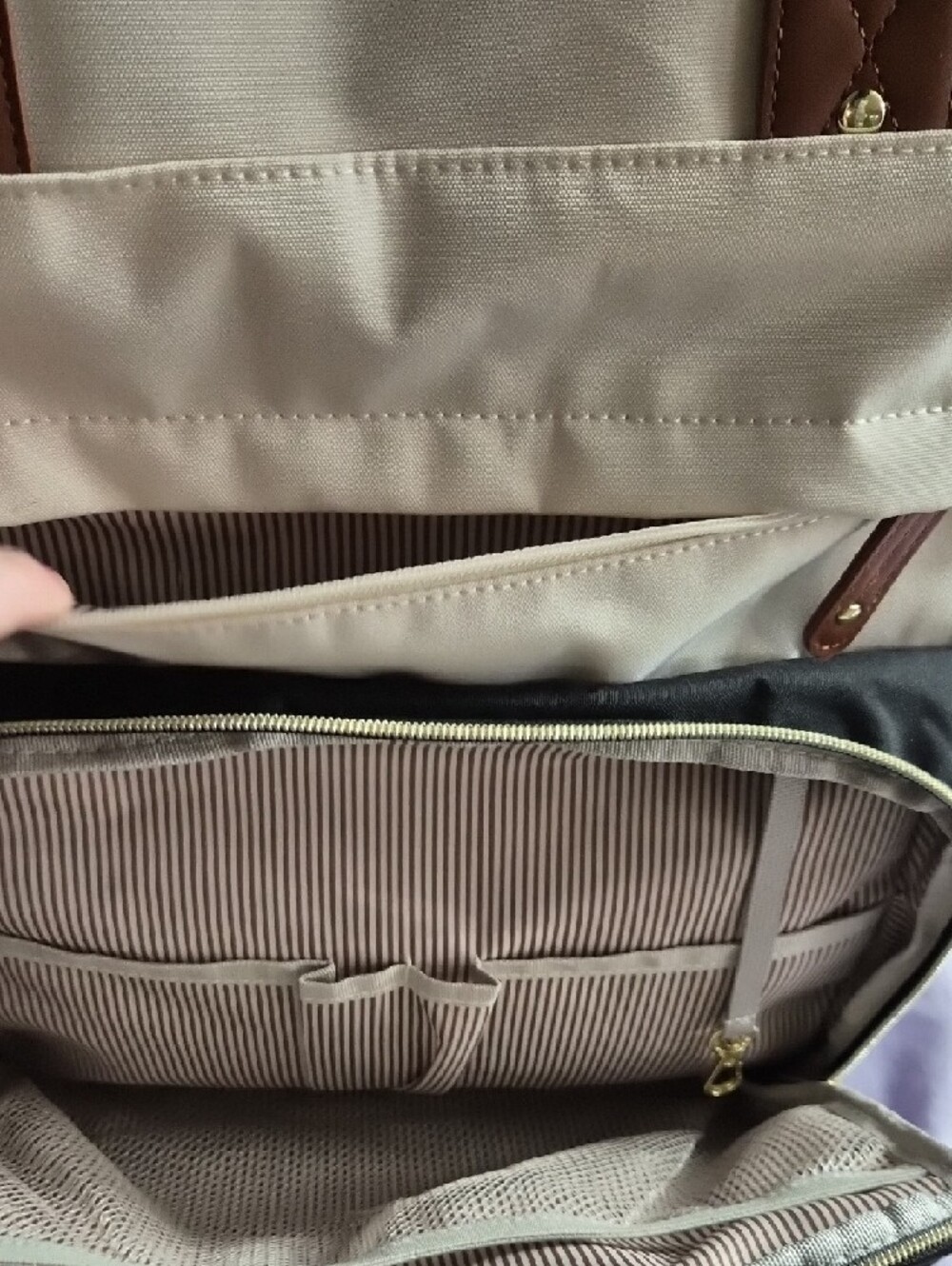 Quilted Black & Cream Canvas Backpack with Brown Trim XL - Picture 7 of 11
